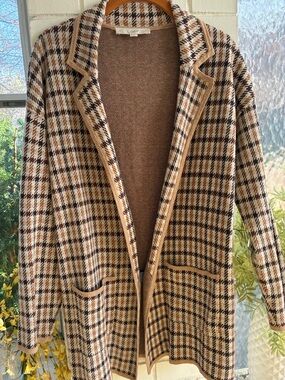 LOFT Brown & Cream Plaid Knit Shirt Jacket